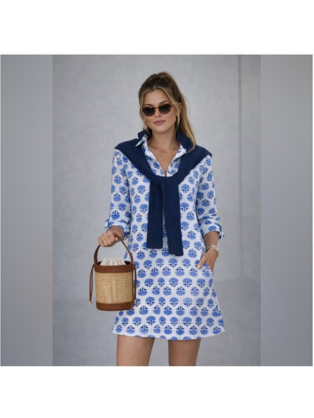 Victoria Dunn Tunic Dress Womens XS Blue Geometric 3/4 Sleeve Collared